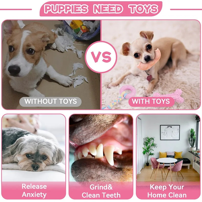 Soft Dog Chew Toys Pink Rubber Bone Toy Durable Molars Training Ball Toy Chihuahua Yorkie Interactive Treat Toys Pet Supplies