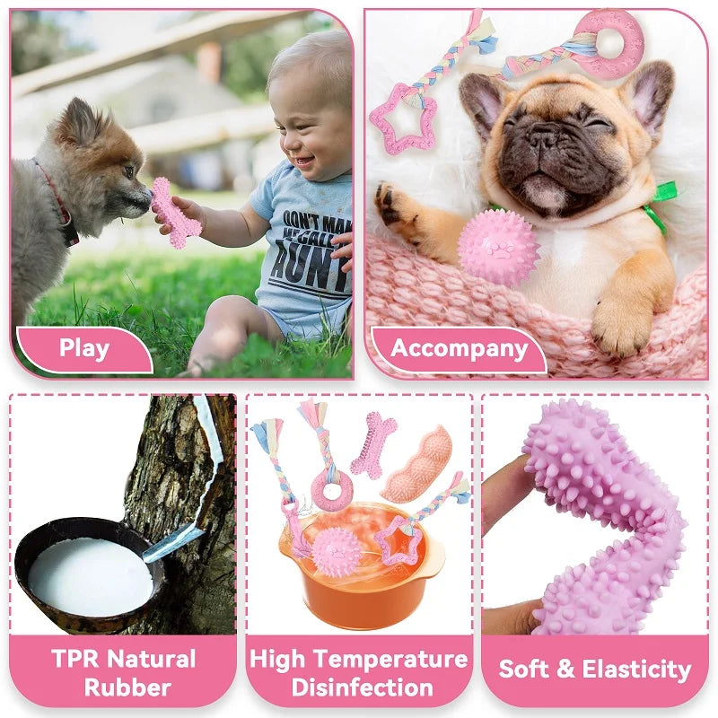 Soft Dog Chew Toys Pink Rubber Bone Toy Durable Molars Training Ball Toy Chihuahua Yorkie Interactive Treat Toys Pet Supplies