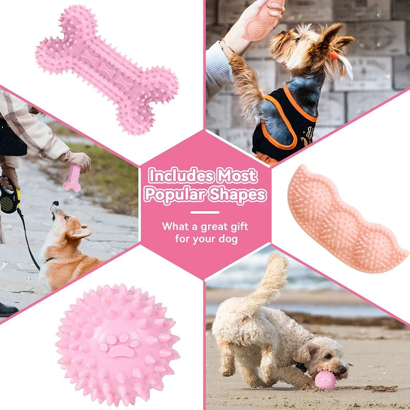 Soft Dog Chew Toys Pink Rubber Bone Toy Durable Molars Training Ball Toy Chihuahua Yorkie Interactive Treat Toys Pet Supplies