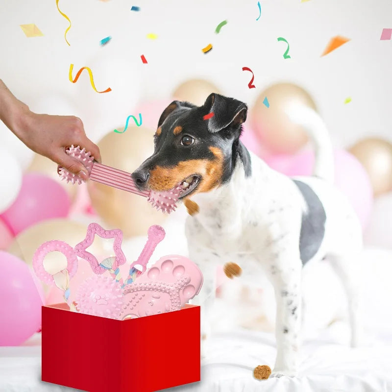 Soft Dog Chew Toys Pink Rubber Bone Toy Durable Molars Training Ball Toy Chihuahua Yorkie Interactive Treat Toys Pet Supplies